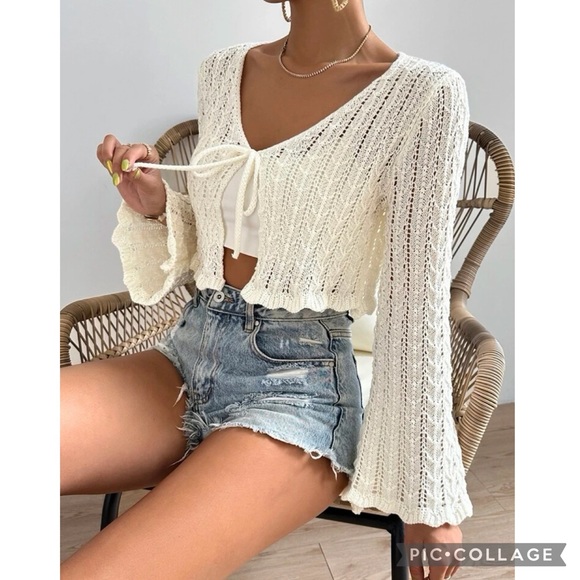 Cottagecore Cream Cropped Open Knit Bell Sleeve Front Tie Cardigan - Picture 5 of 7